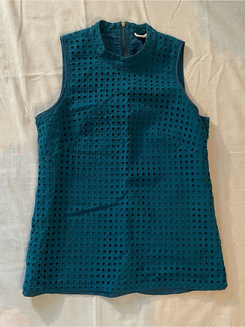 J. Crew Teal Eyelet Mock Neck Tank